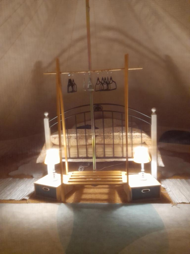 Ce lit se trouve dans un dortoir doté de deux lumières. dans l'établissement Bellevues Glamping and Camping, à Mérignac