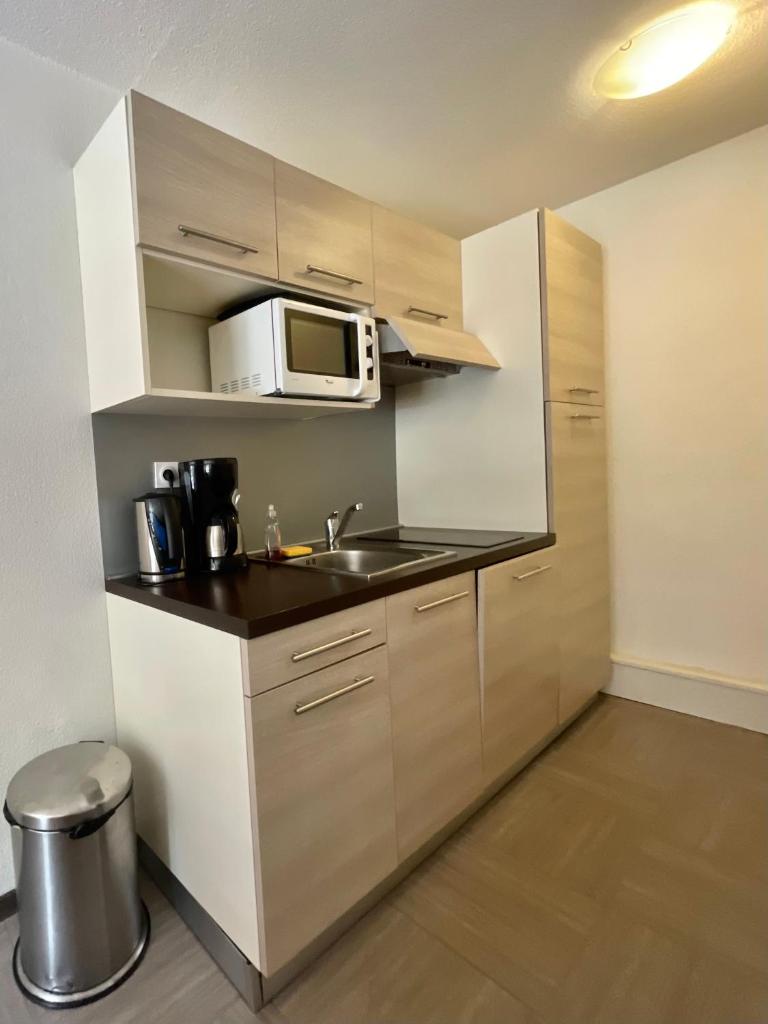 une petite cuisine avec un évier et un micro-ondes dans l'établissement Appartement Vars sur les pistes de ski avec piscine, à Sainte-Marie-de-Vars