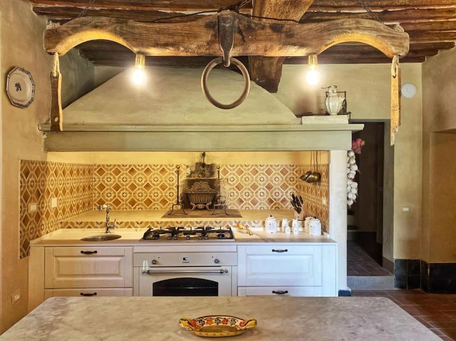 une cuisine avec un évier et une cuisinière four supérieur dans l'établissement Tenuta Uzielli an elegant countryside villa, à Monteriggioni