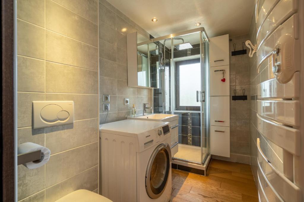une salle de bain avec une machine à laver et un lavabo dans l'établissement Apartment Grizzly - 2 bedrooms - Ski in/out- Les Gets, aux Gets