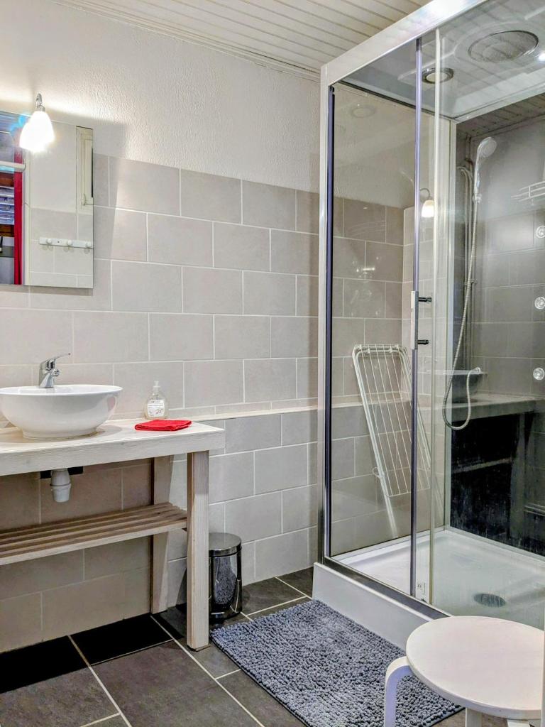 une salle de bain avec un lavabo et une douche en verre dans l'établissement Gîtes Le Verger, à Taintrux 24 autres photos