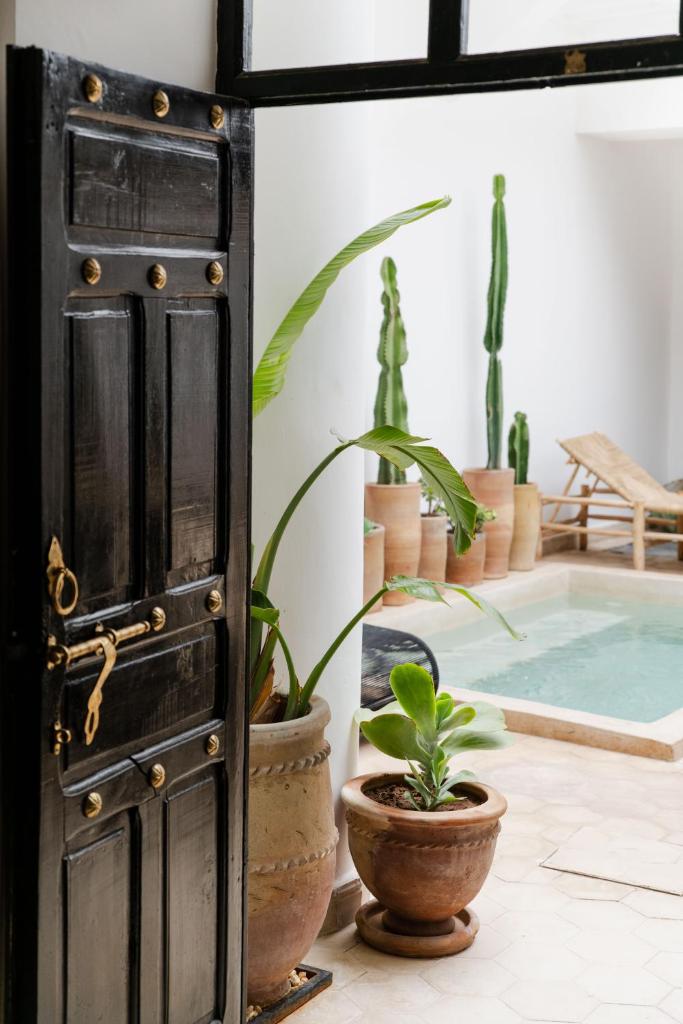 une porte ouverte avec des plantes en pot à côté d'une piscine dans l'établissement Riad 27 & SPA entièrement privatisé, à Marrakech