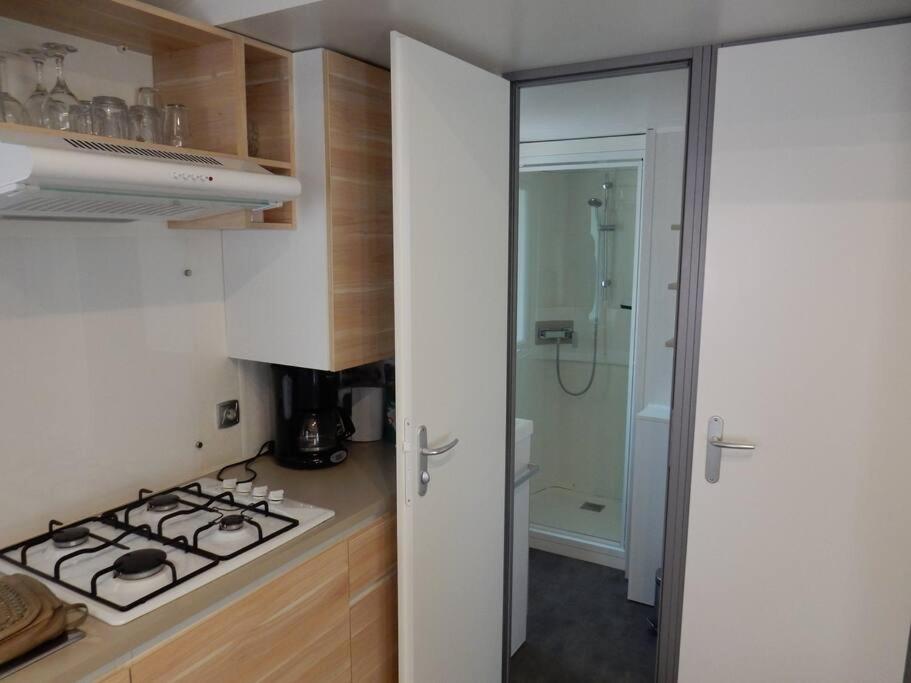 Il comprend une cuisine équipée d'une cuisinière. - un four supérieur à côté d'une salle de bains dans l'établissement Mobile home 5-pers Camping Leï Suves-Côtes d'Azur-including airco, à Roquebrune-sur Argens