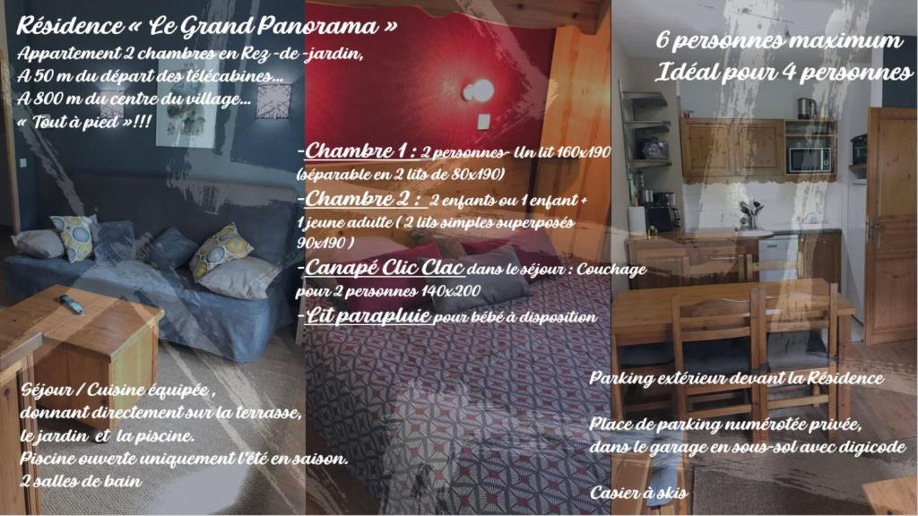 un flyer pour un restaurant avec une chambre avec un lit dans l'établissement Appartement T2+cabine indépendante au départ des télécabines Saint-Gervais/Bettex/Mont d’Arbois, à Saint-Gervais-les-Bains