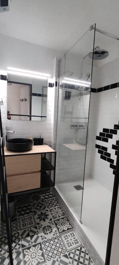 une salle de bain avec douche et lavabo dans l'établissement Appart 4-6 pers au pied des pistes toutes saisons, à Molines-en-Queyras