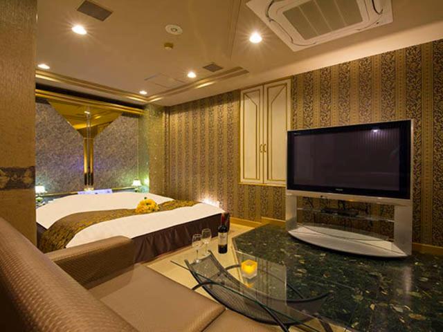 un salon avec un lit et une télévision à écran plat dans l'établissement かぼちゃの馬車 泉大津大人専用, à Izumiotsu