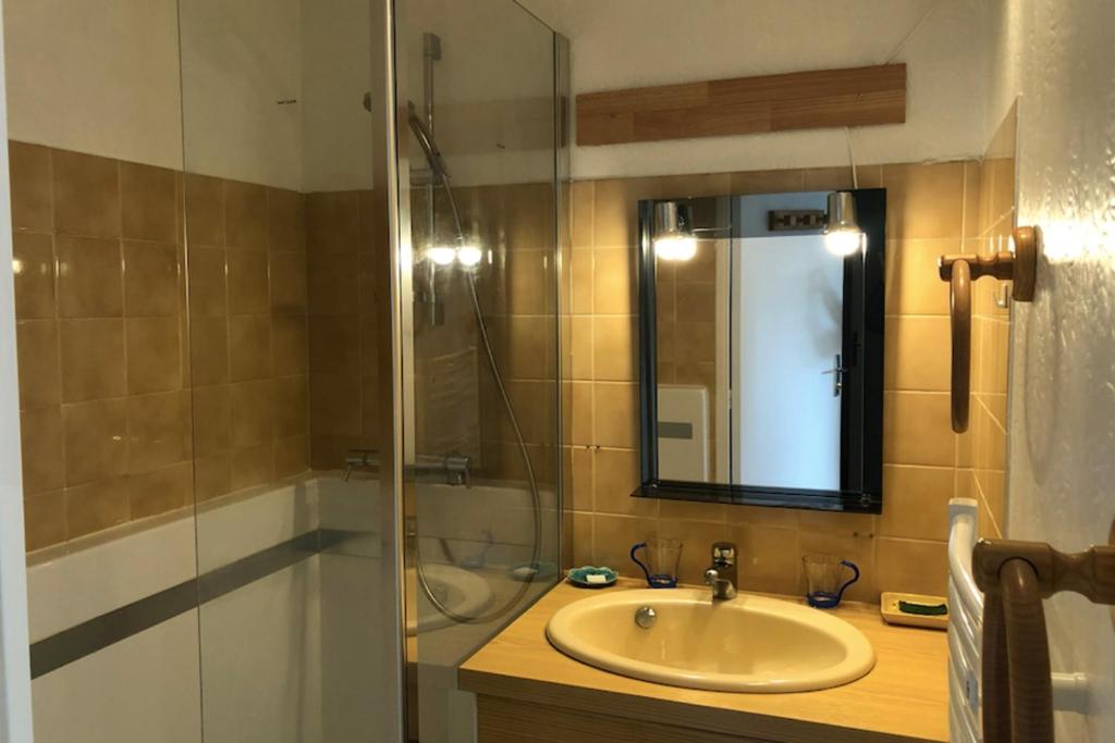 une salle de bain avec un lavabo et une douche avec un miroir dans l'établissement Nice 37m near the center of La Salle-les-Alpes, à La Salle Les Alpes