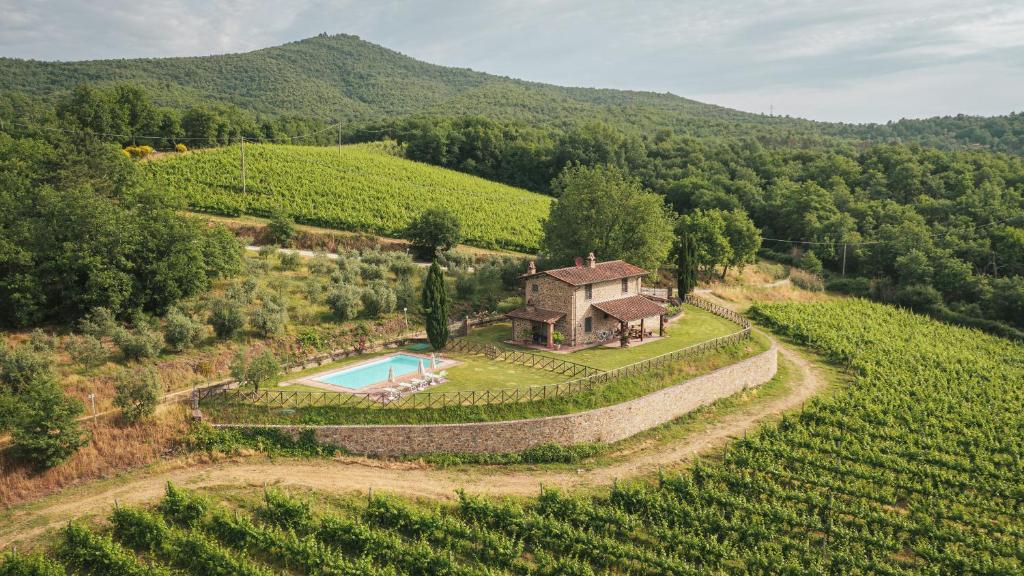 une vue aérienne d'une maison dans un vignoble dans l'établissement Villa Miravalle, à Pietraviva