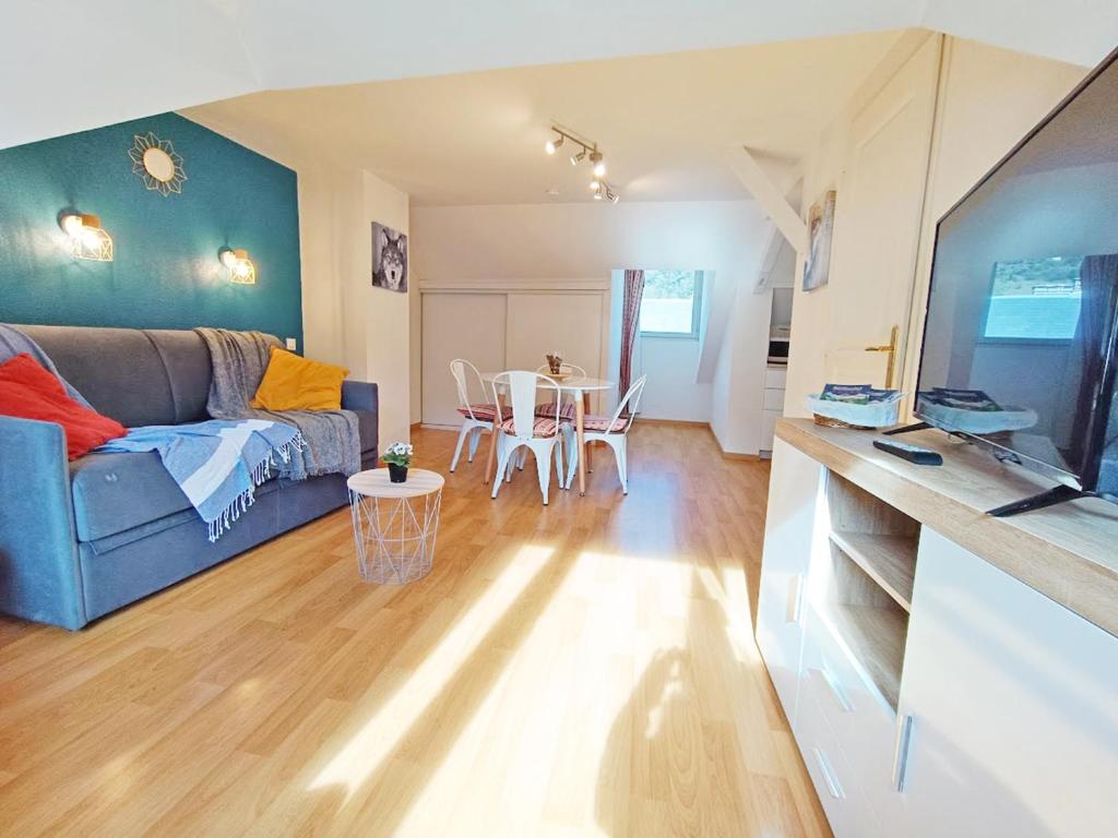 un salon avec un canapé et une table dans l'établissement L'Esquiros, studio, centre Luchon, casier à skis, wifi, ascenseur, 3 personnes, à Luchon
