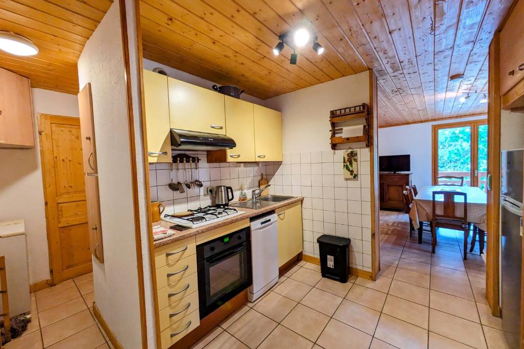 - une cuisine avec une cuisinière dans l'établissement Spacieux appartement au centre de la station, à Les Déserts