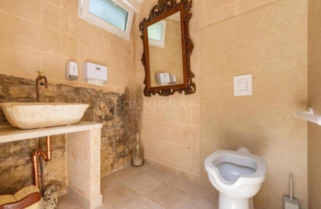 une salle de bain avec un lavabo et des toilettes dans l'établissement Trullo Monte Cannone con piscina, à Cocolicchio