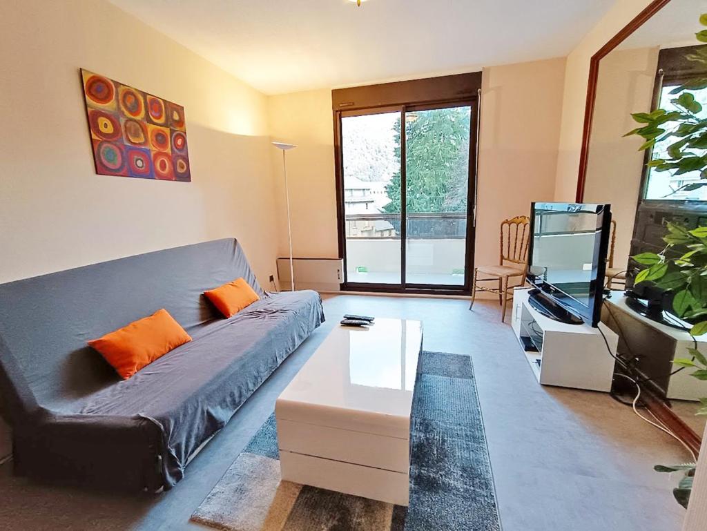 un salon avec un canapé et une télévision à écran plat dans l'établissement Frolise, T2, centre, wifi, parking couvert gratuit, 4 personnes, à Luchon