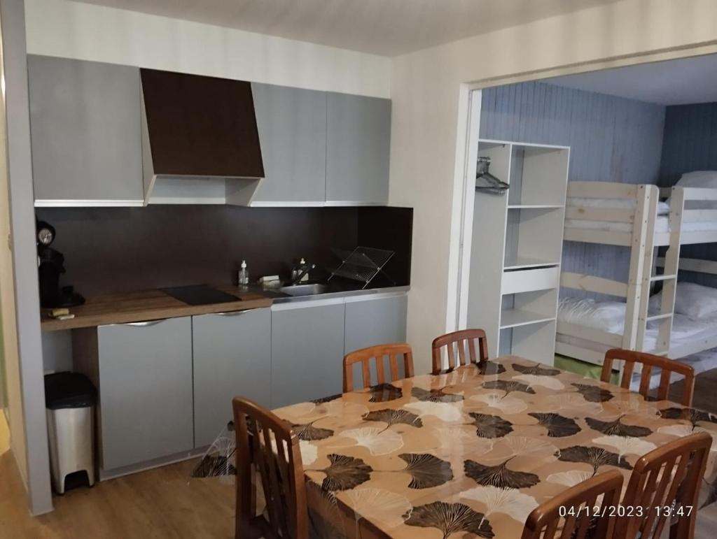 une cuisine et une salle à manger avec une table et des chaises dans l'établissement Proches des pistes F2 36m2 4-6 pers 2 étoiles, à Besse-et-Saint-Anastaise