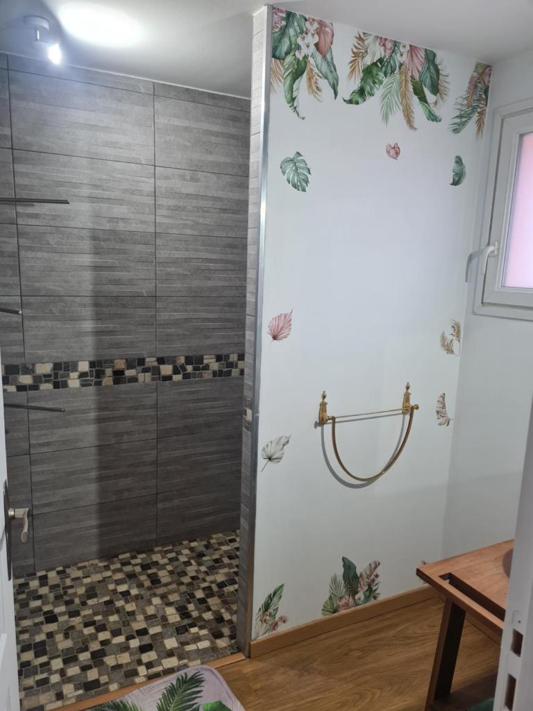 une douche avec une porte vitrée dans une salle de bain dans l'établissement AUBRAC brameloup, à Prades-dʼAubrac 27 autres photos
