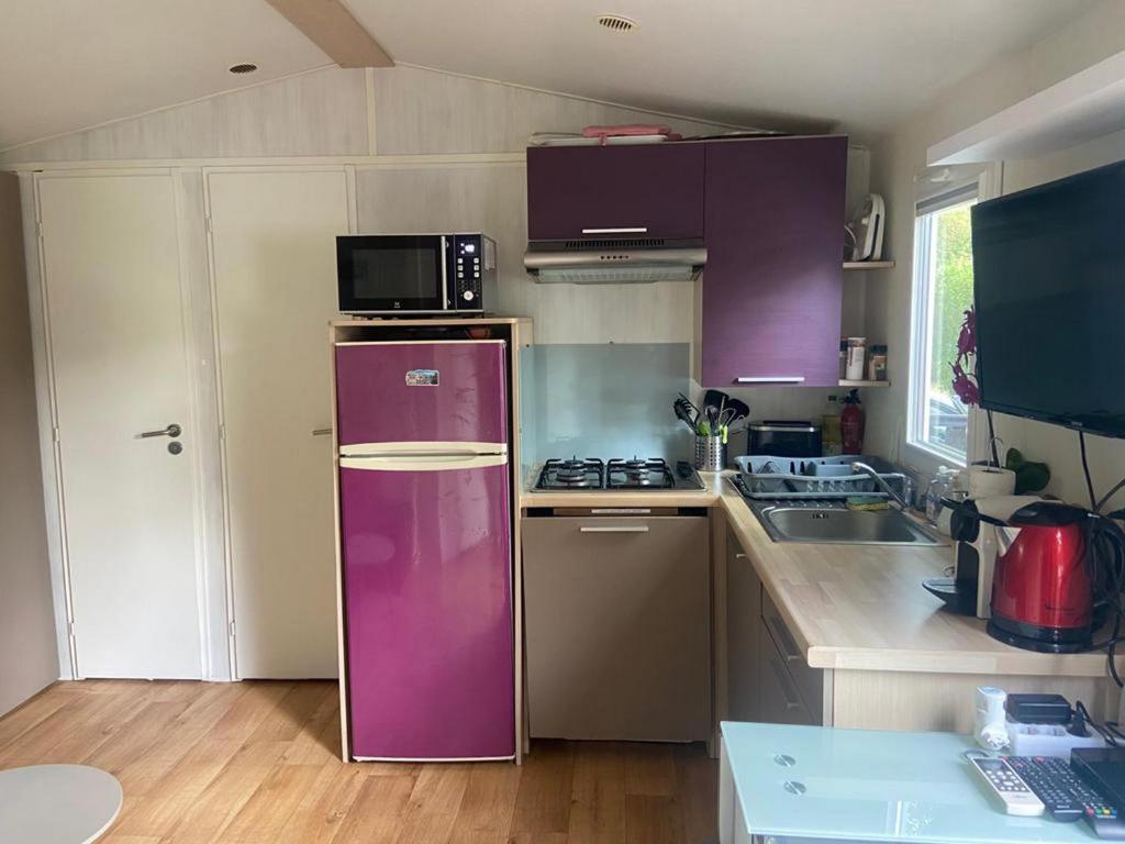 un réfrigérateur violet dans une cuisine avec des armoires violettes dans l'établissement Le TropeZen Confort Plus TV WIFI VOD Salle de Sport !, à Gassin