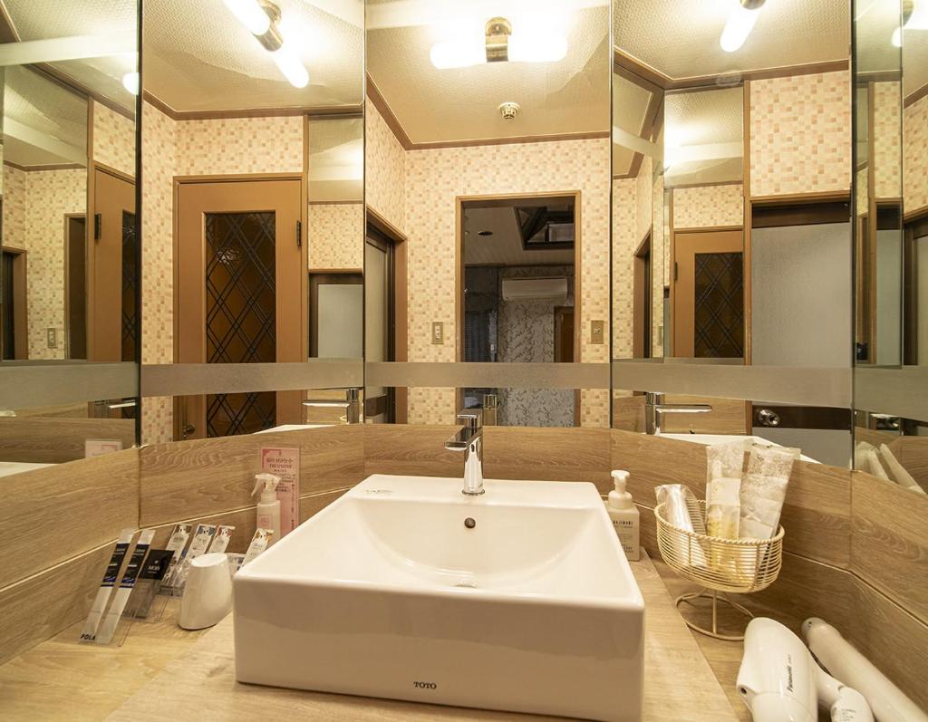 une salle de bain avec un lavabo et un grand miroir dans l'établissement Hotel Jardin de Fleurs (Adult Only), à Kyoto