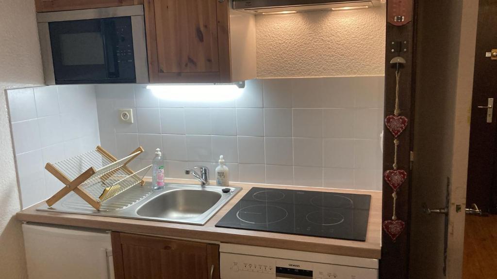 une cuisine avec un évier et un plan de travail dans l'établissement Kandahar 202 - Les Deux Alpes- Plein centre-station, 32m2, à Les Deux Alpes