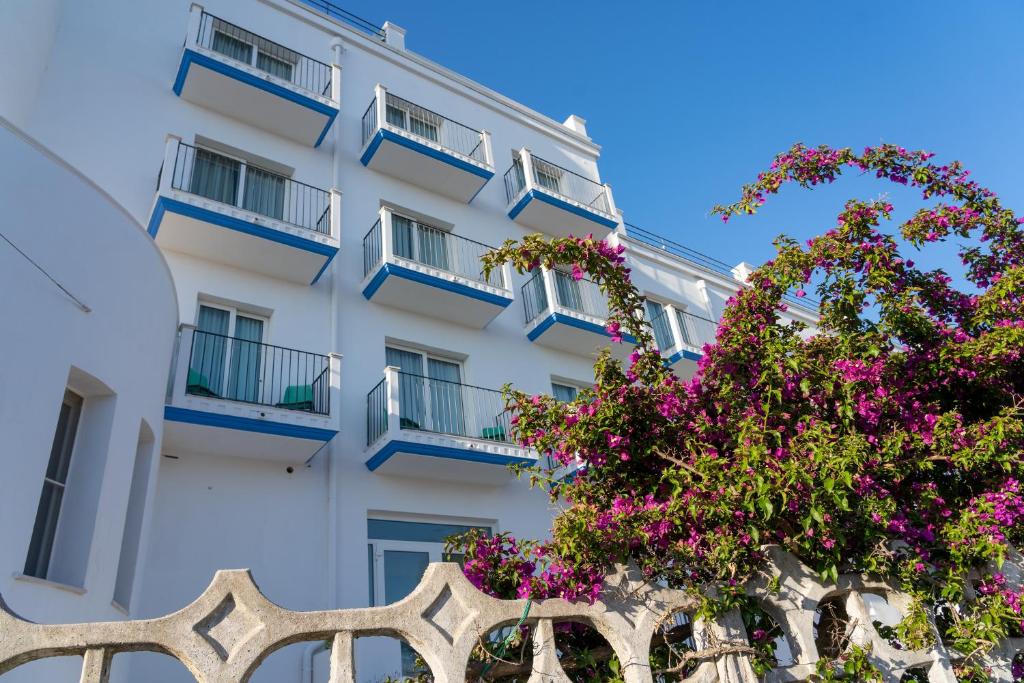un bâtiment blanc avec des balcons bleus et un arbre avec des fleurs roses dans l'établissement Gargano Hotel Helios, à Rodi Garganico