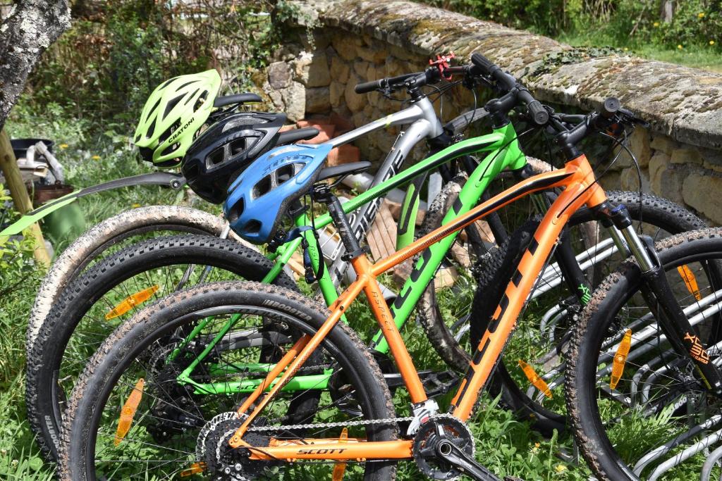 - un groupe de vélos garés à côté d'un mur en pierre dans l'établissement Charmecamping Domaine Bleu Celeste, à Couleuvre