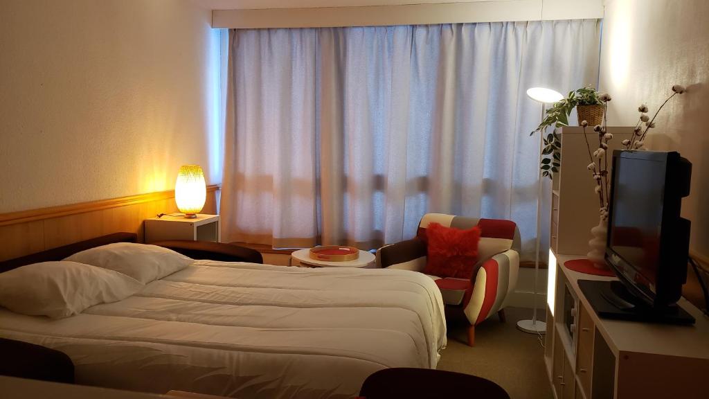une chambre d'hôtel avec un lit et une télévision dans l'établissement Balcon plein Sud sur les pistes, à Isola 2000