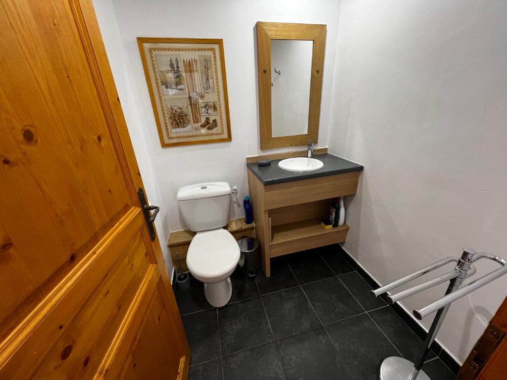 une salle de bain avec des toilettes blanches et un lavabo dans l'établissement Haut Belle Plagne, vue montagnes, au pied des pistes, proche de l'ESF & espace piscine inclus, à Belle Plagne 17 autres photos