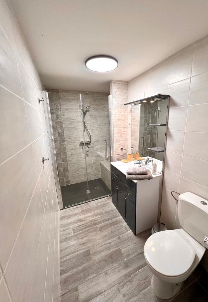 une salle de bain avec une douche, des toilettes et un lavabo dans l'établissement Appartements Chalet Lauranoure Centre Station, à Les Deux Alpes 37 autres photos