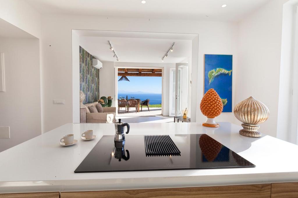 une cuisine avec un évier et un salon dans l'établissement Villa Jarito, à SantʼAgata sui Due Golfi