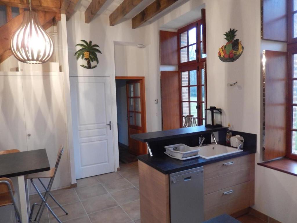 une cuisine avec un évier et un comptoir dans l'établissement Luxueux gîte avec piscine et Wifi, proche circuit 24H du Mans, animaux bienvenus - FR-1-410-430, à Les Bouleaux