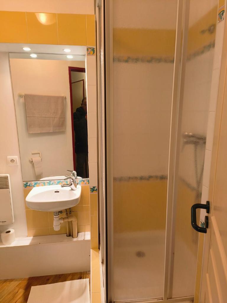 une salle de bain avec douche et lavabo dans l'établissement Résidence Le Rami Les Coches - La Plagne, à La Plagne Tarentaise 6 autres photos