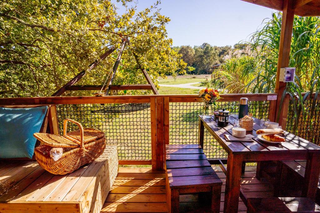 une terrasse en bois avec une table et une table de pique-nique dans l'établissement Domaine EcÔtelia, à Le Nizan