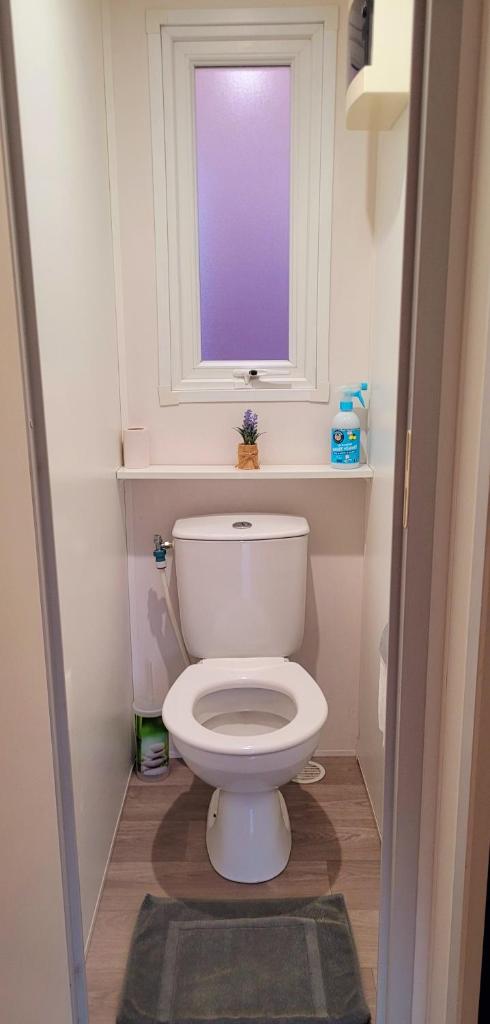 La salle de bains est pourvue de toilettes blanches et d'une fenêtre. dans l'établissement Camping Aux Portes De Cassis, à La Bédoule