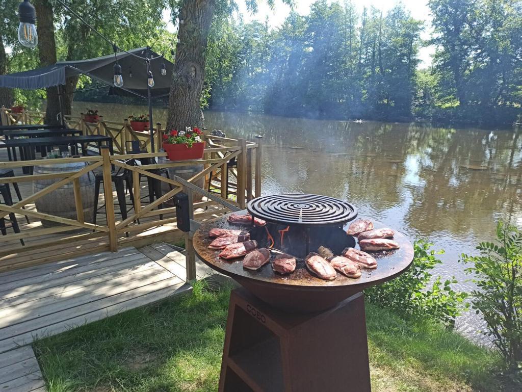 - un barbecue sur un banc à côté d'un lac dans l'établissement TONNEAU HERBERGEMENT INSOLITE AU CAMPING DES NIERES, à Ébreuil