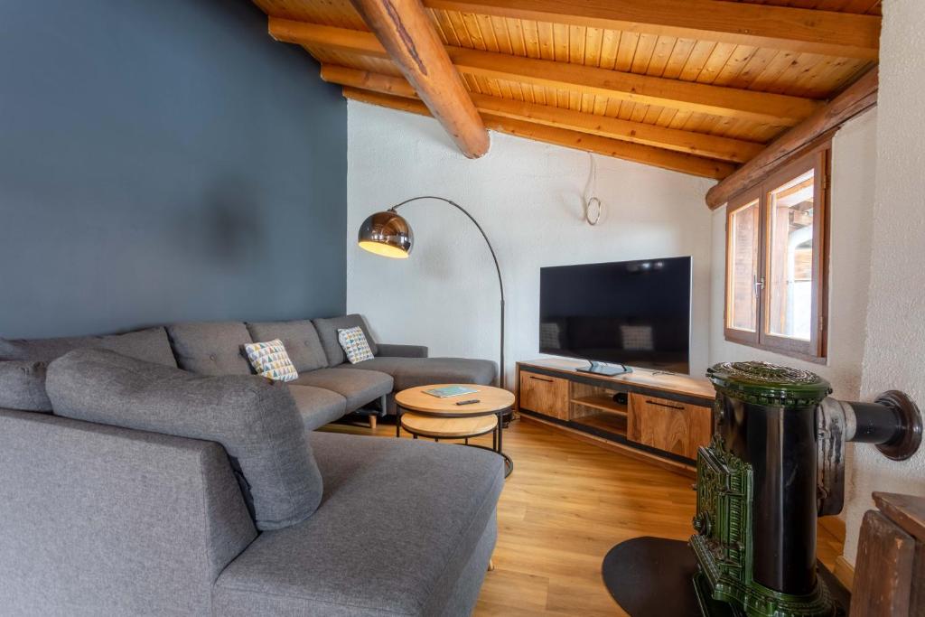 un salon avec un canapé et une télévision dans l'établissement Le petit Paradis, chalet au coeur des 3 vallées, à Saint-Marcel