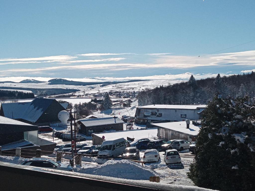 Une petite ville avec des voitures garées dans la neige dans l'établissement Appartement terrasse pied des pistes coeur station wifi, à Besse-et-Saint-Anastaise