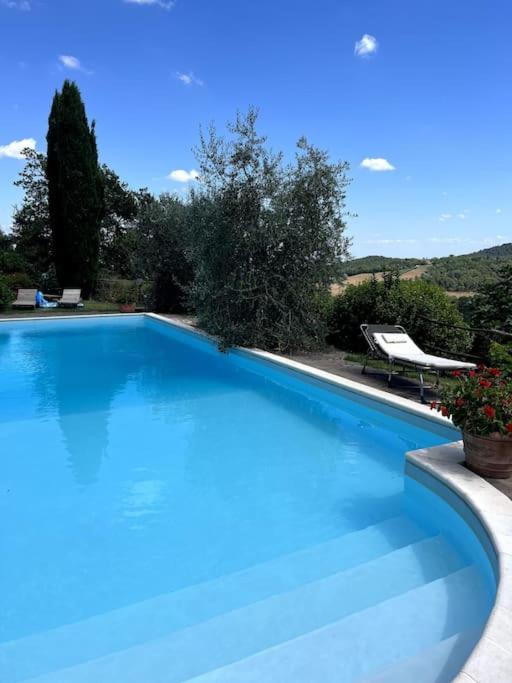 une grande piscine bleue avec un banc dans une cour dans l'établissement Podere Gli Oppi Toscana, à Petroio