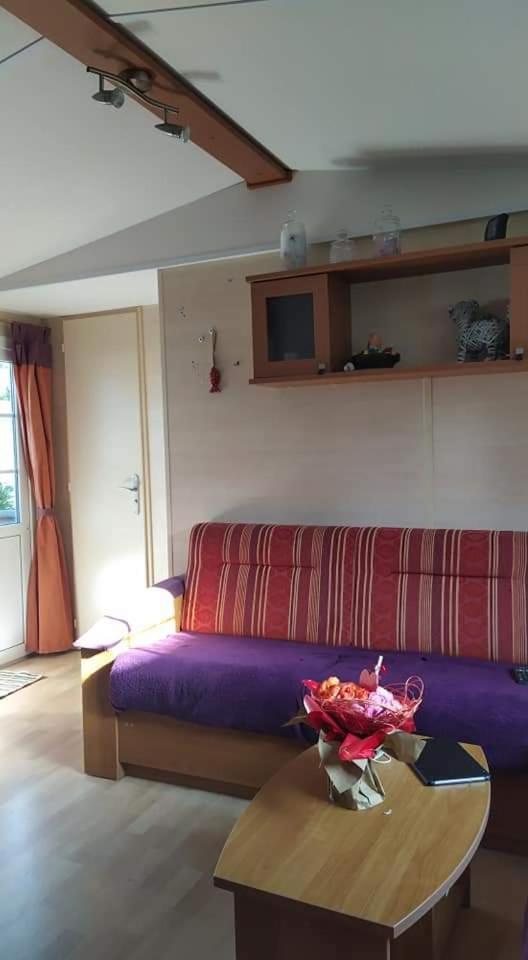 un salon avec un canapé violet et une table dans l'établissement Mobil-home, à Pont-Aven