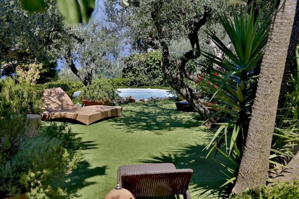 un jardin avec un banc, des arbres et une piscine dans l'établissement Luxury Villa Zaffiro - Pool, Garden and Sea View, à Anacapri