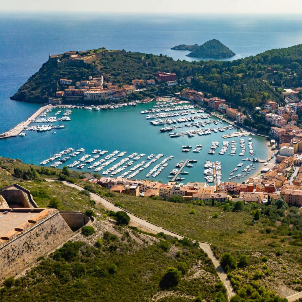 une vue aérienne d'un port avec des bateaux dans l'eau dans l'établissement La Roqqa, à Porto Ercole