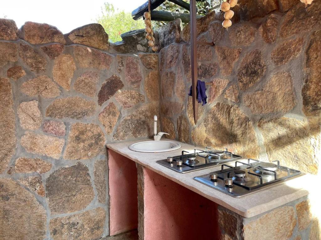 un comptoir en pierre avec une cuisinière sur un mur en pierre dans l'établissement villa elena piscina privata, à Tanaunella
