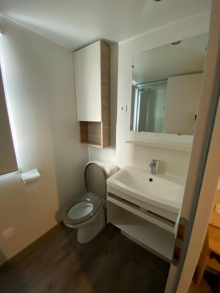 une salle de bain blanche avec toilettes et lavabo dans l'établissement Mobhilomme La Carabasse, à Vias