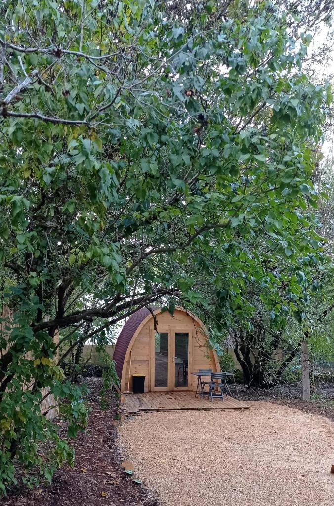 une petite cabane en bois avec une table de pique-nique. dans l'établissement CABANE INSOLITE et COCOONING 2 personnes-CAMPING LE BEL AIR- L'ERABLE, à Limogne-en-Quercy
