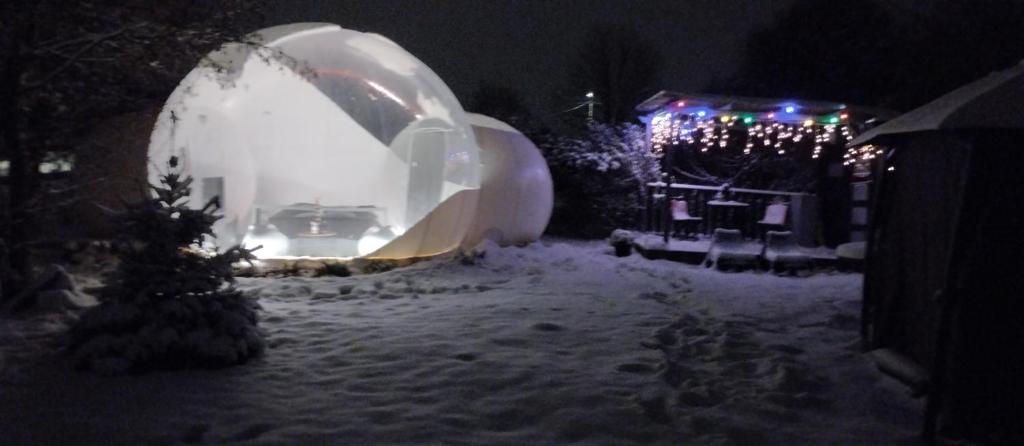 une cour enneigée avec un igloo la nuit dans l'établissement La bulle, à Attiches 7 autres photos