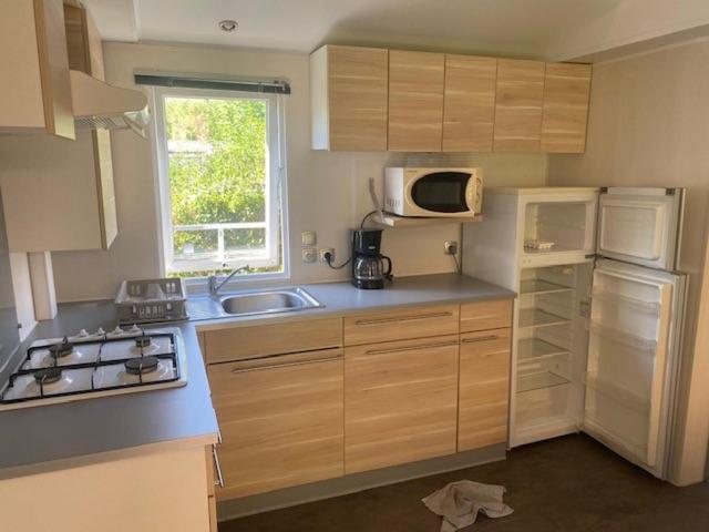 une petite cuisine avec un évier et un micro-ondes dans l'établissement Mobil home 456, à Ivry-la-Bataille