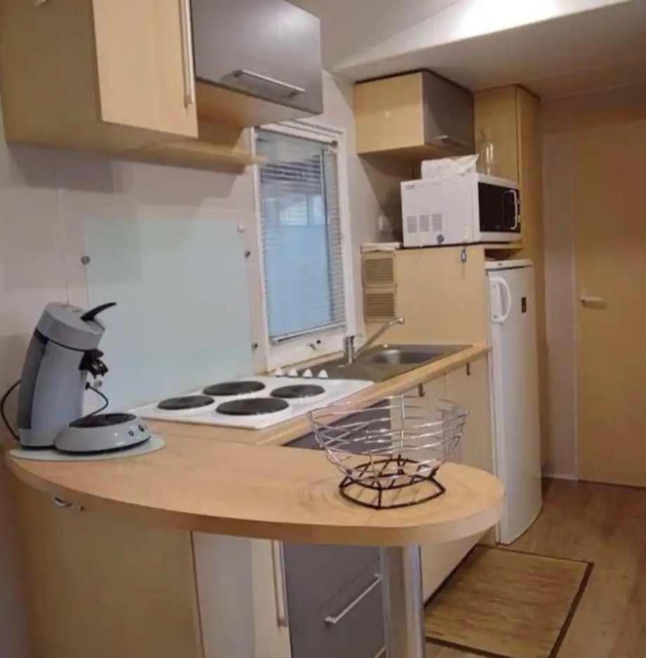 Il comprend une petite cuisine équipée d'une cuisinière et d'un comptoir. dans l'établissement Mobil home Oasis Village 5*, à Puget-sur Argens