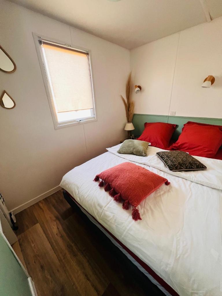 - une chambre avec 2 lits dotés d'oreillers rouges et d'une fenêtre dans l'établissement Cabane la Clef des Champs au Mas des Entrages, à Salon-de-Provence