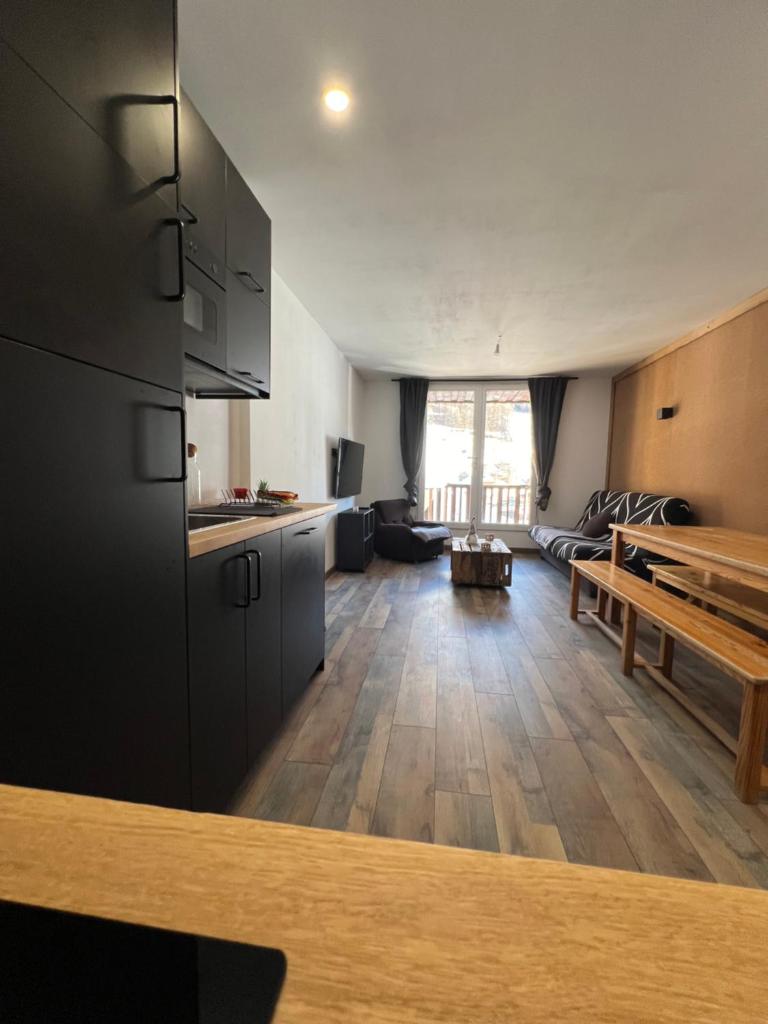 une pièce avec une cuisine et un salon dans l'établissement Carlines'home, aux Orres