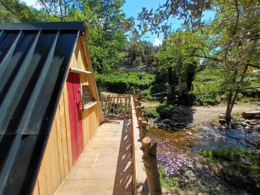 un chien debout à côté d'une clôture à côté d'une cendre dans l'établissement Cabane trappeur 4pers à la ferme aventure du perthus, à Le Perthus