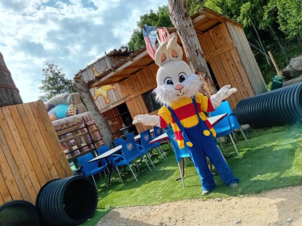 une personne habillée d'une mascotte de lapin debout dans l'herbe dans l'établissement Cabane perché à la ferme aventure du perthus, à Le Perthus