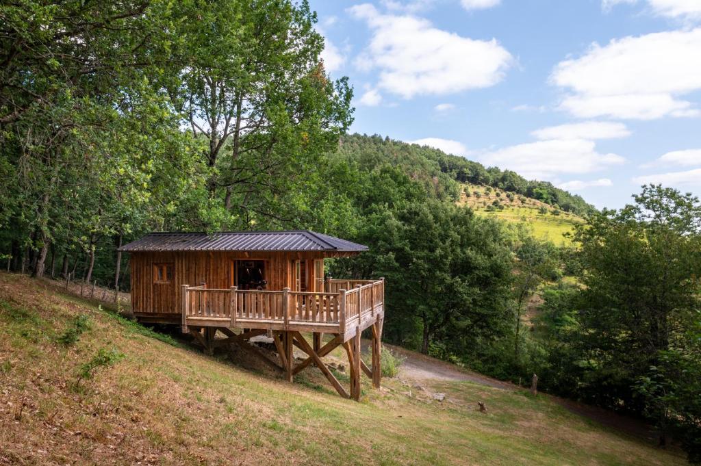 une cabine sur le côté d'une colline plantée d'arbres dans l'établissement Camping maeva Respire La Serre, à Aigues-Vives