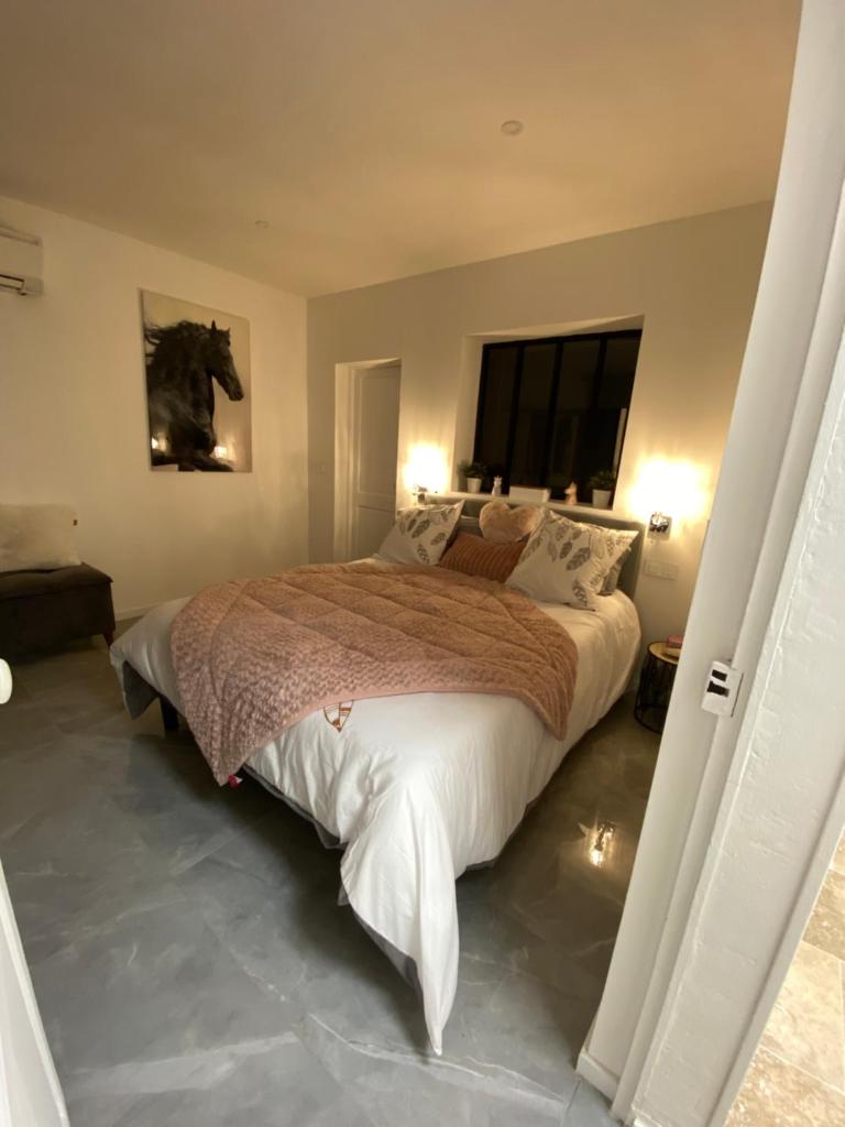 une chambre avec un grand lit et une fenêtre dans l'établissement Gite Provençal du Mas Arnaud, à Arles 30 autres photos
